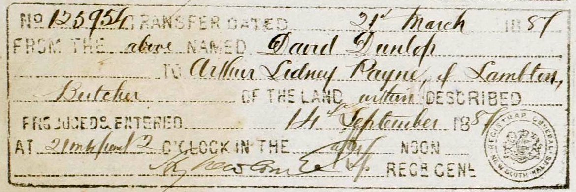 Purchase of land on the north side of Elder St by Arthur Lidney (sic) Payne, 21 March 1887.