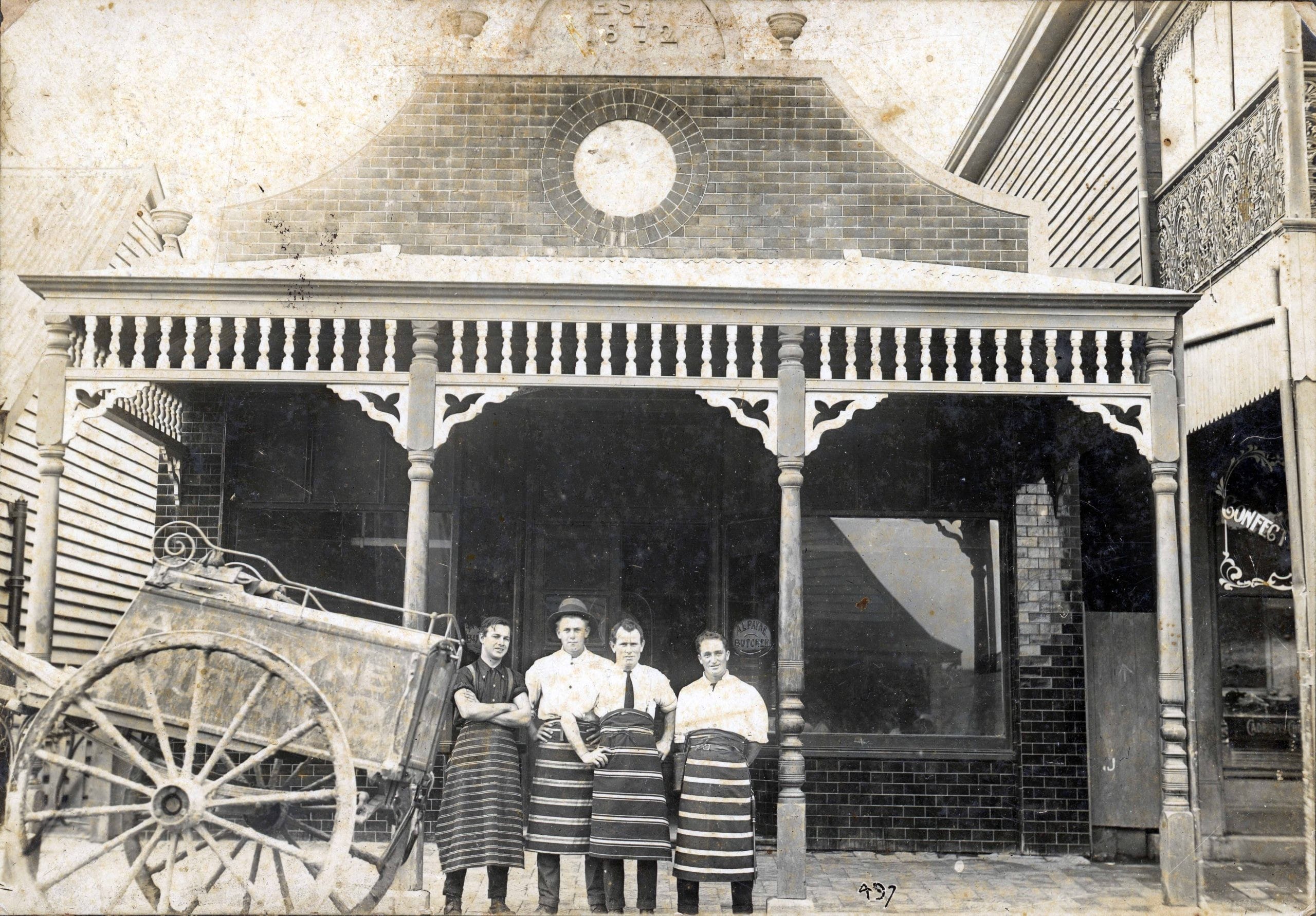 A L Payne’s butcher shop, north side of Elder St Lambton, circa 1890.